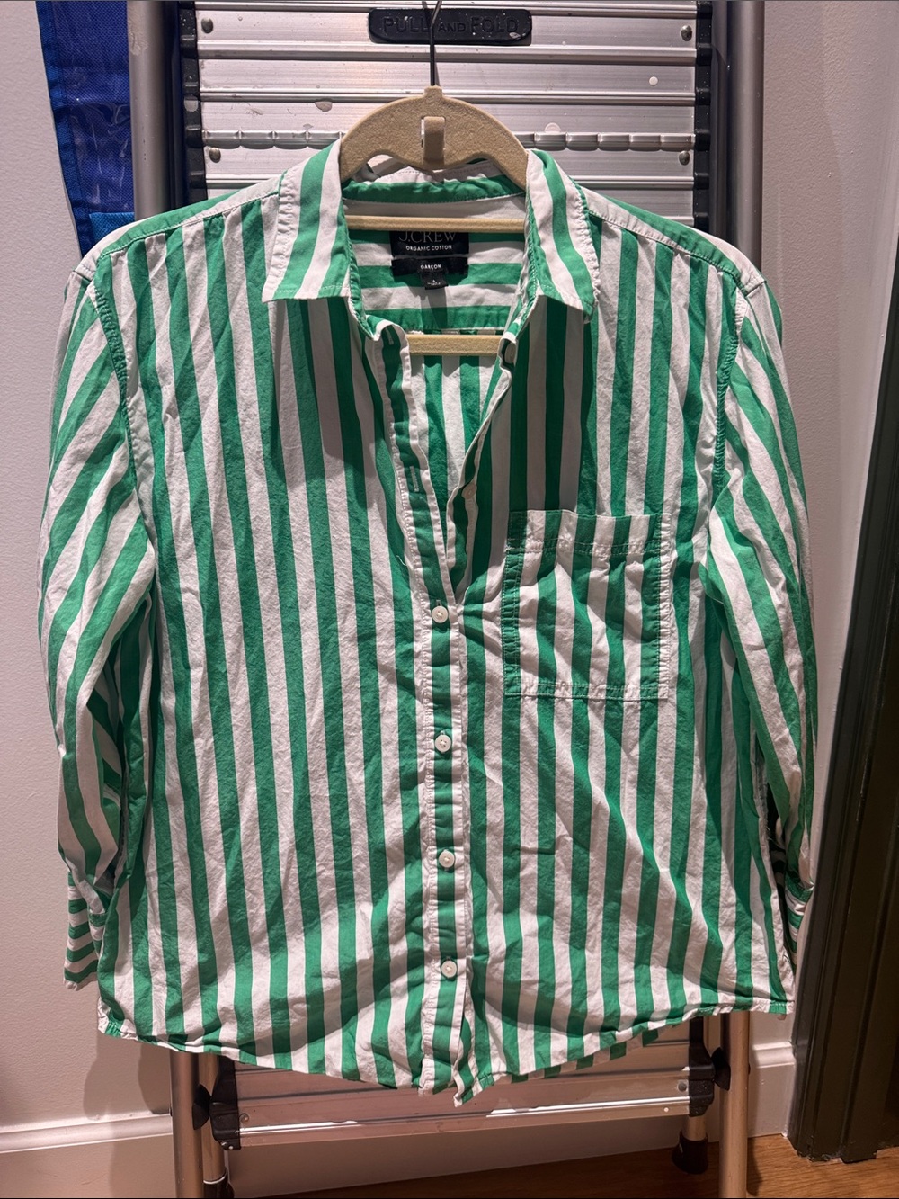 J. Crew Green & White Vertical Stripe Cotton Button-Down Shirt